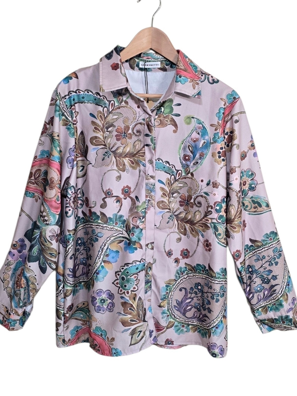 NWT Cherry Betty Retro Paisley Long Sleeve Button Up Blouse XL Pink Brown Fall